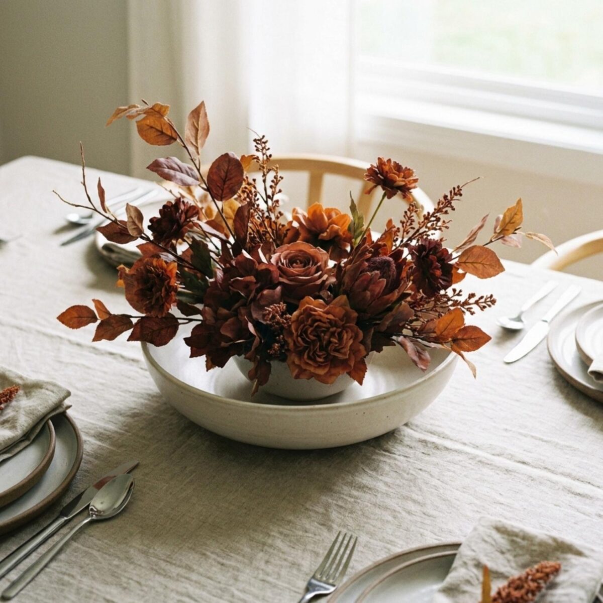 A low faux floral centerpiece styled on a fall dining table.