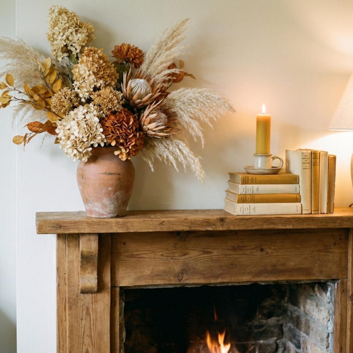 An asymmetrical faux floral arrangement styled on a mantel with books and a candle.