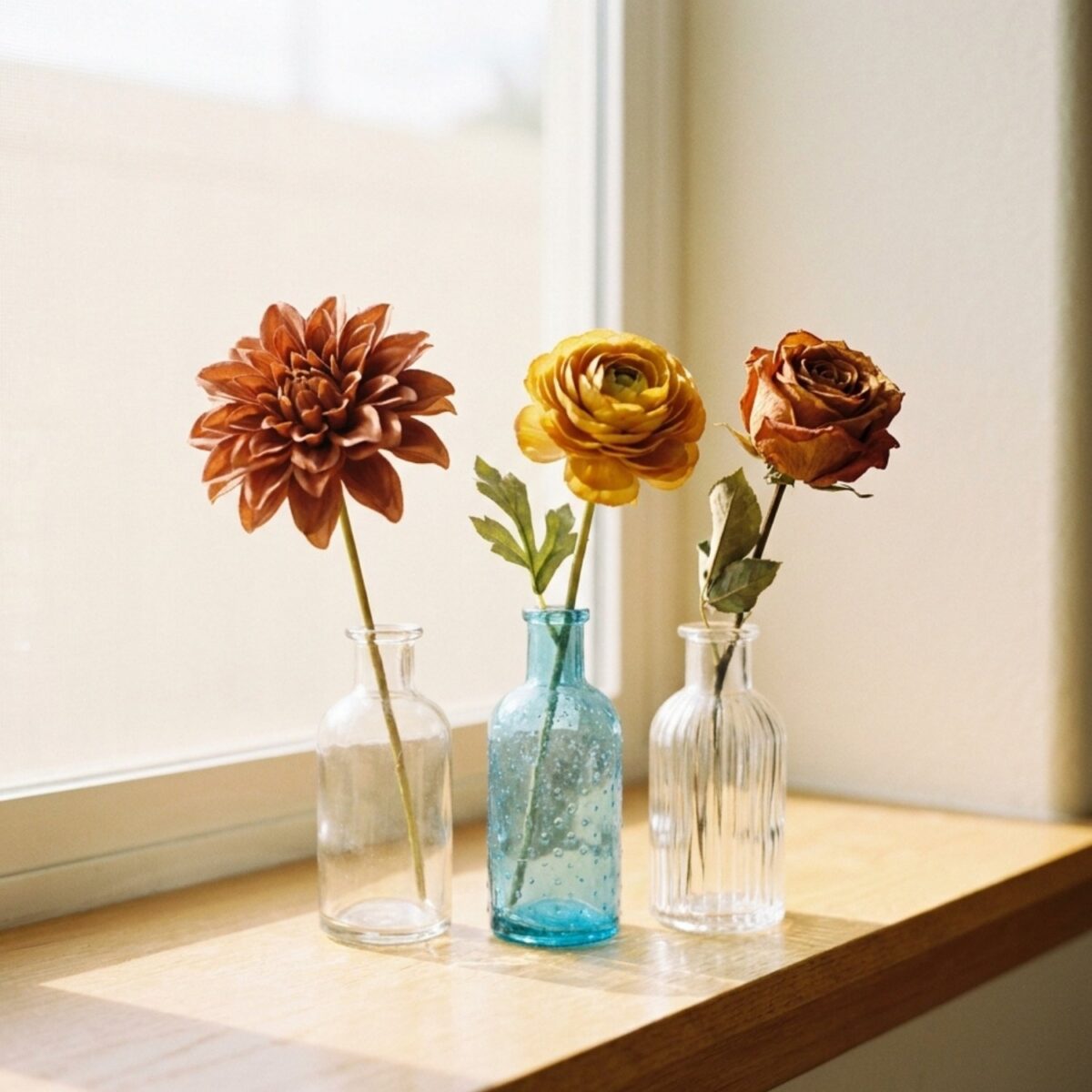 Mismatched glass bud vases each holding a single faux fall flower stem on a windowsill.