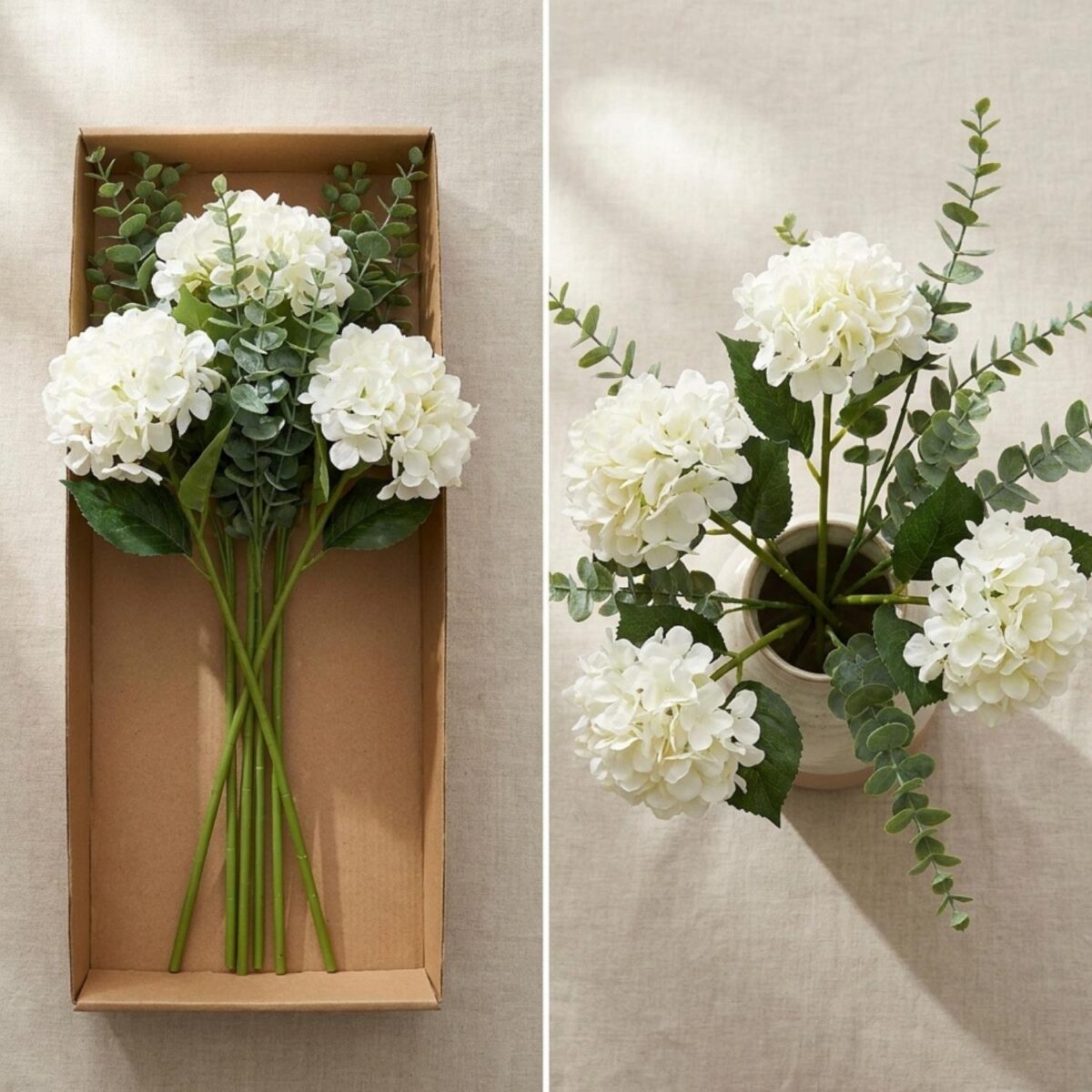 Side-by-side comparison of a faux floral arrangement before and after fluffing and shaping the stems.