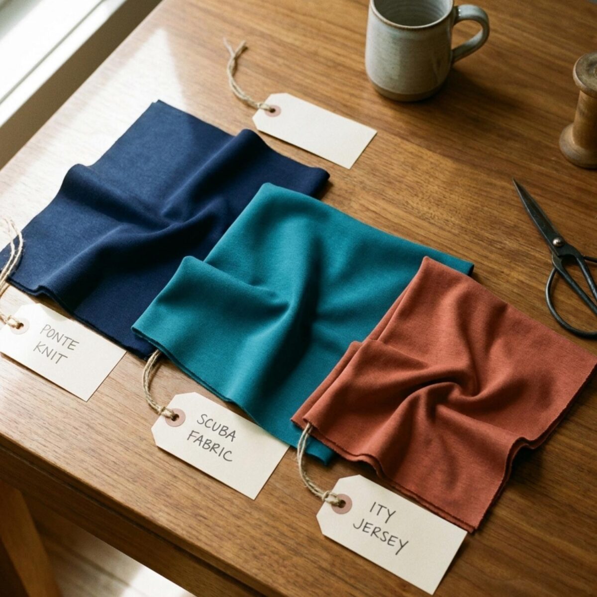 Three fabric swatches, ponte knit, scuba, and ITY jersey, laid out to show texture.