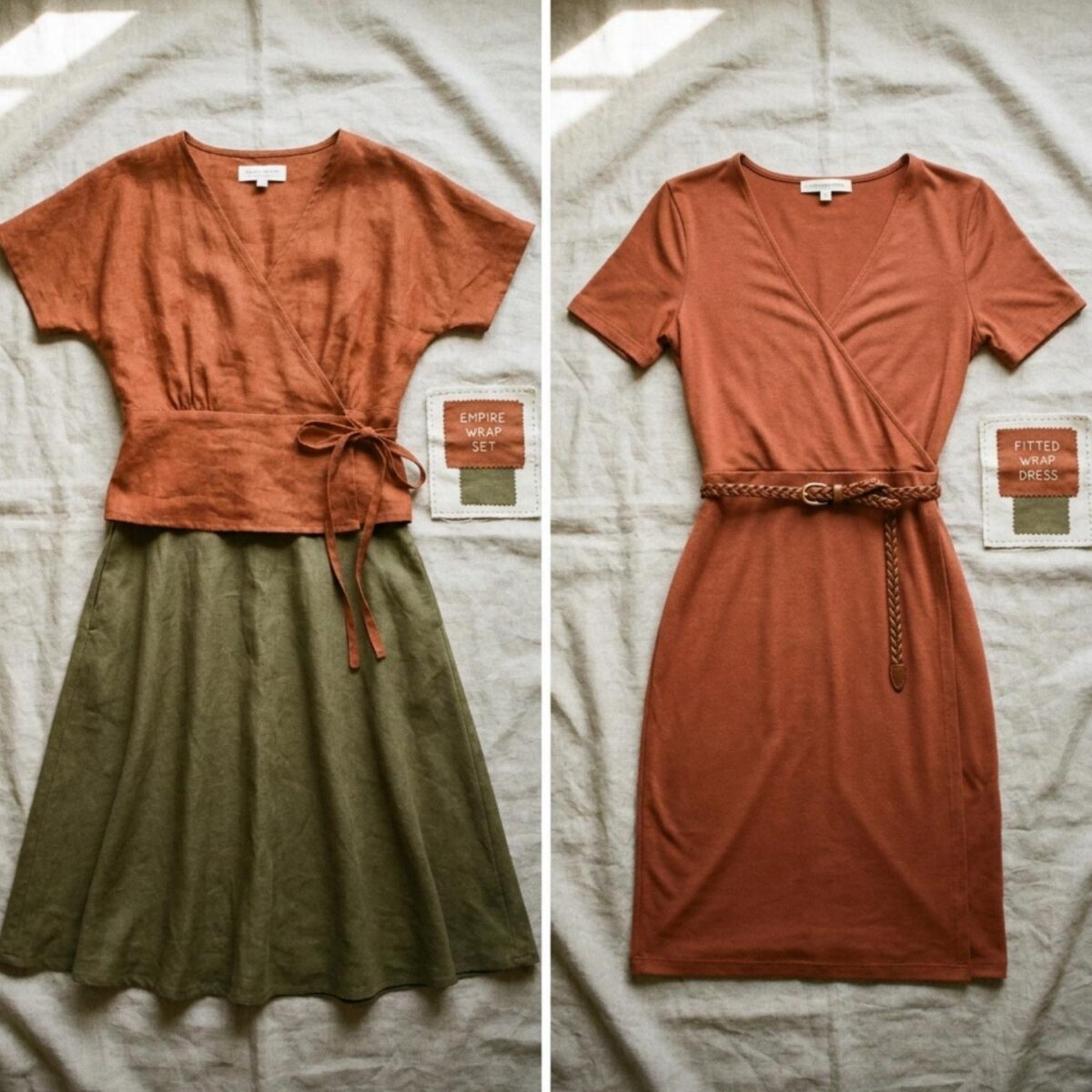 Two outfit flat lays showing an empire-waist look next to a belted wrap dress look.