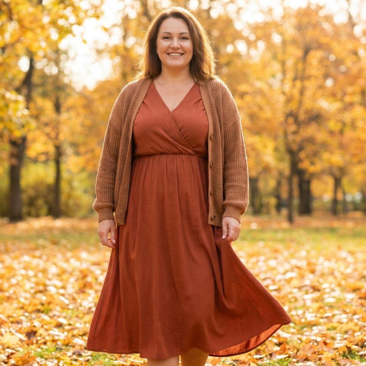 Full-length shot showing a dress hem falling at the narrowest point of the calf.