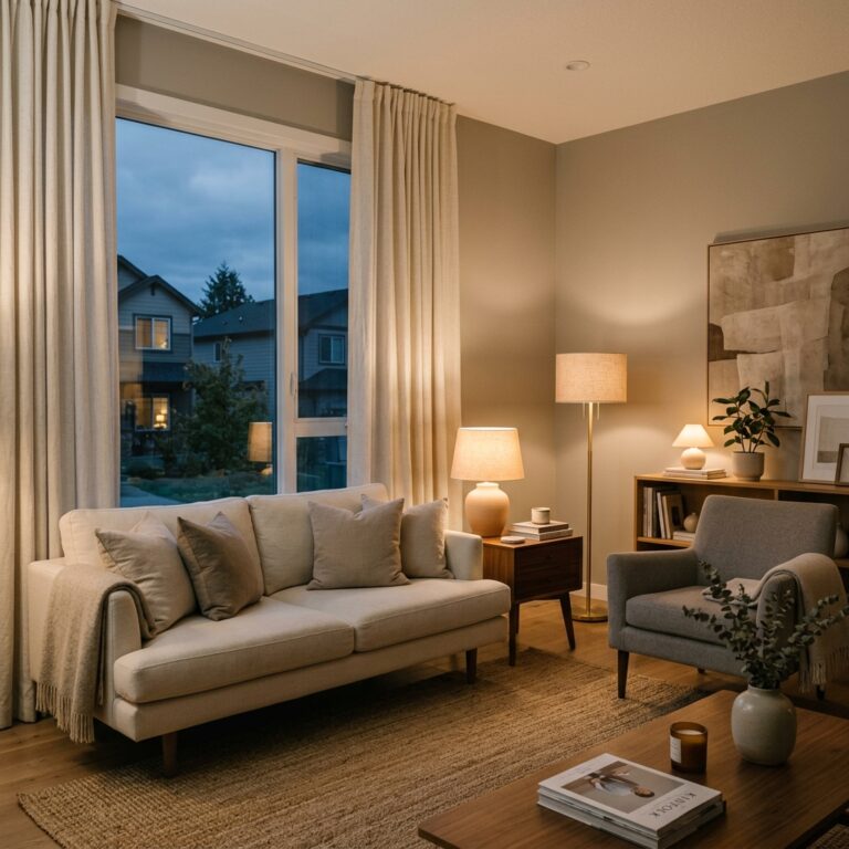 A modern living room lit by three warm lamps at different heights, with a cream sofa, wool throw, and textured rug.