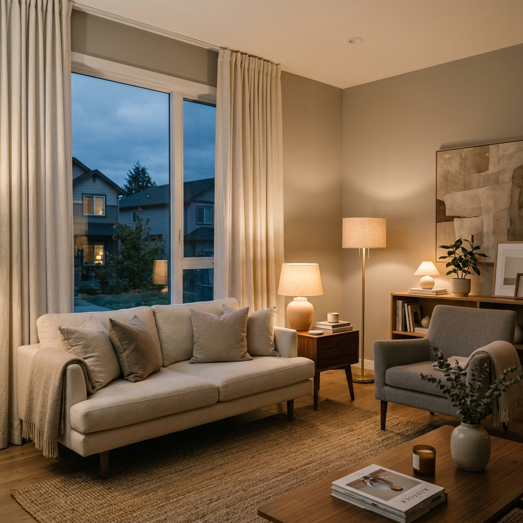 A modern living room lit by three warm lamps at different heights, with a cream sofa, wool throw, and textured rug.