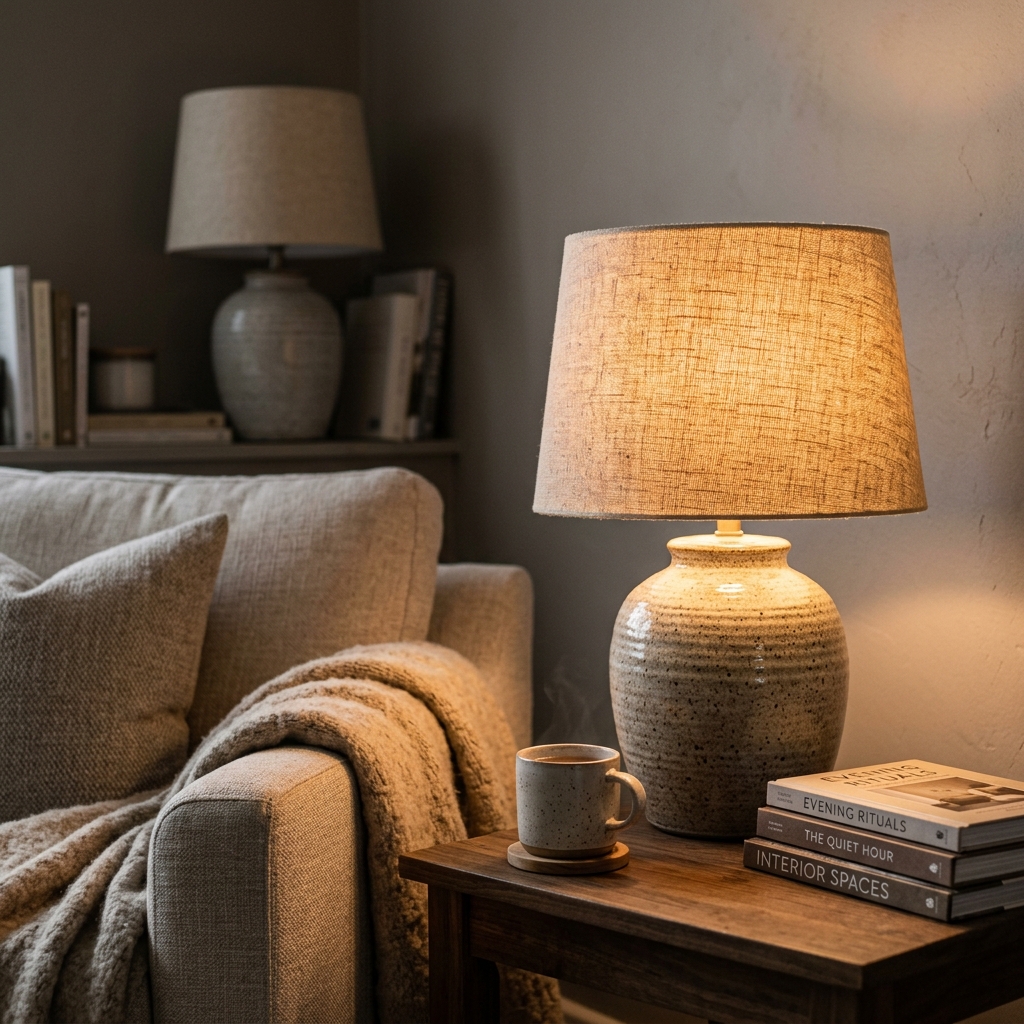 A ceramic table lamp with a linen shade glowing warm beside an armchair, with a second lamp softly lit behind it.