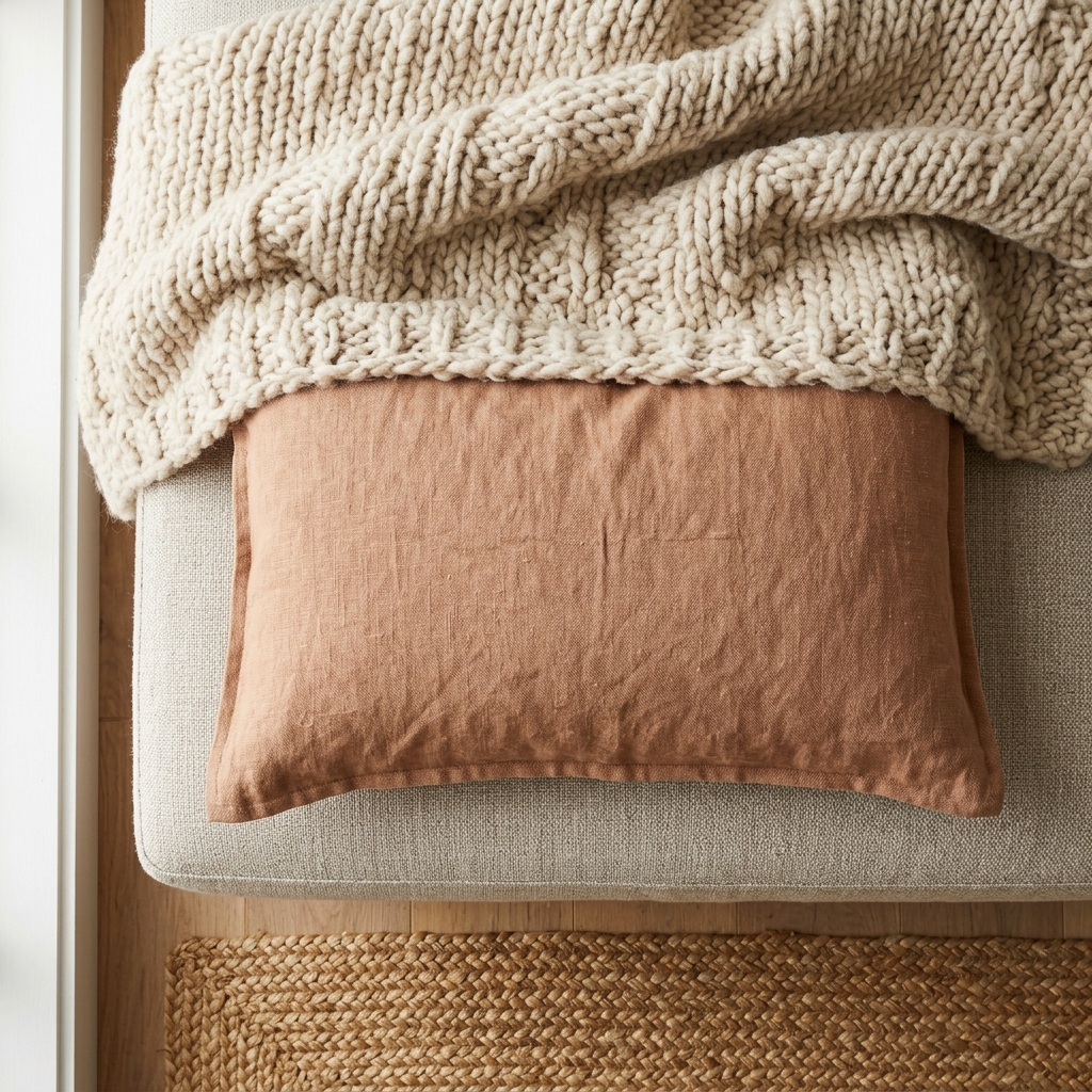 A flat lay of layered textures showing a chunky wool throw, a washed linen cushion, and the edge of a jute rug.