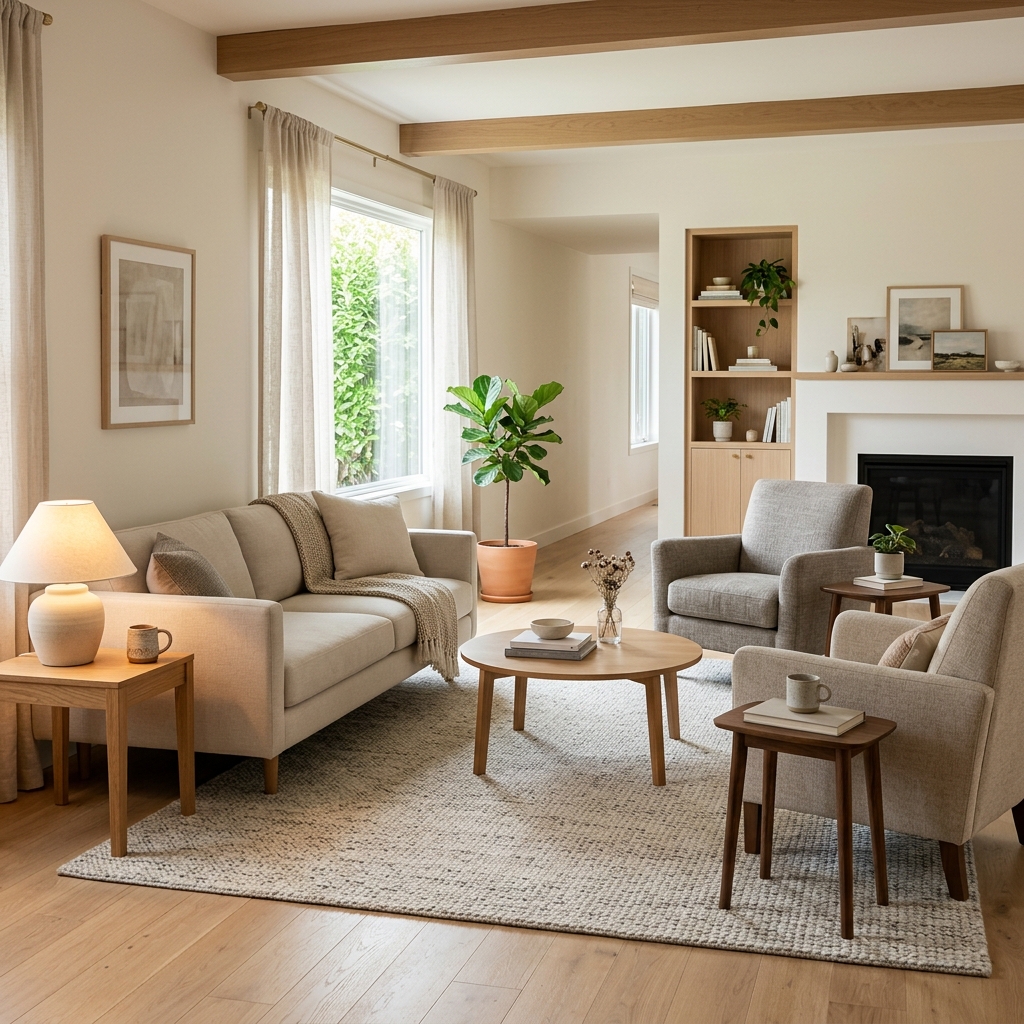 A living room arranged for conversation with the sofa pulled off the wall and an armchair angled toward it.