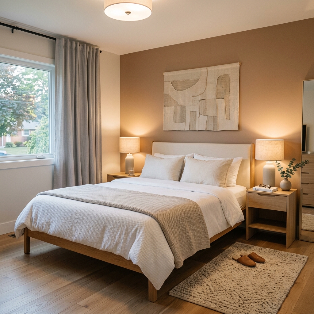A bedroom with a layered quilt over the duvet and a lit lamp on each bedside table.