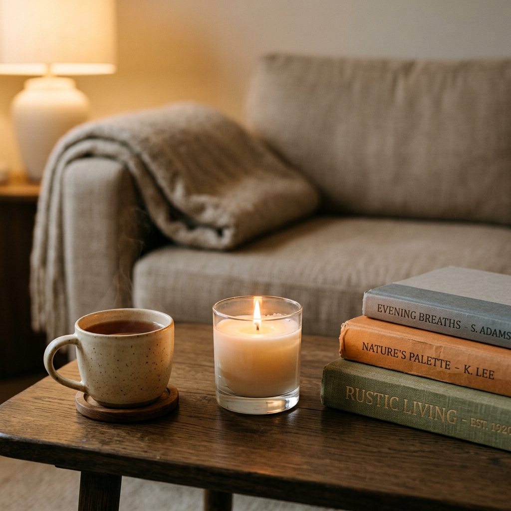 A cleared coffee table with a single lit candle, a stacked book, and a mug of tea in warm lamp light.