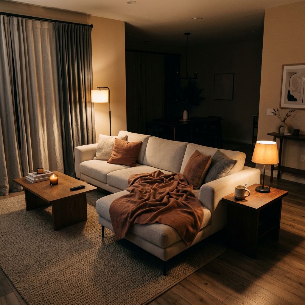 A dimly lit living room in the evening with drawn curtains, an unfolded blanket on the sofa, and a mug on the side table.