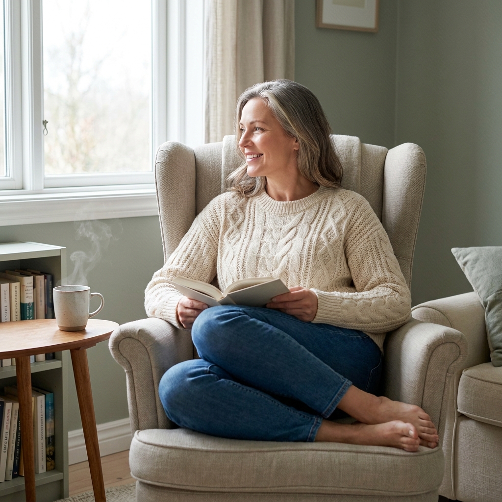 A woman relaxes with a book in a wingback chair positioned beside a sunlit window, a narrow bookshelf and side table completing the reading nook.