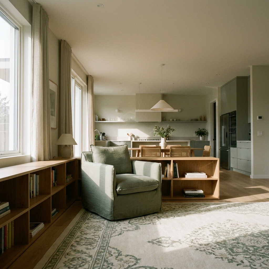 A living room corner set apart from the rest of the room by a low bookshelf and a rug edge, framing a single armchair.