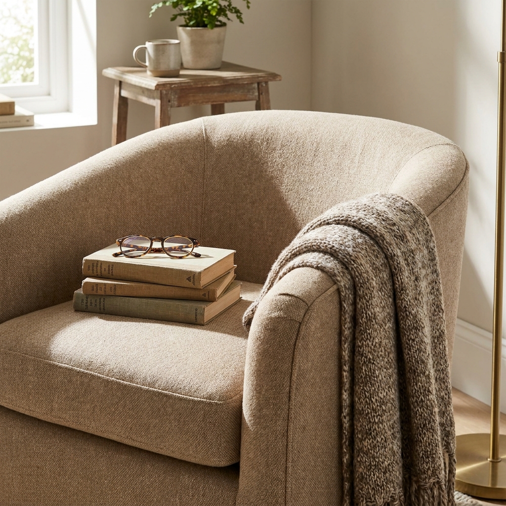 An empty upholstered reading chair with a folded throw, a small stack of books, and reading glasses on the cushion.
