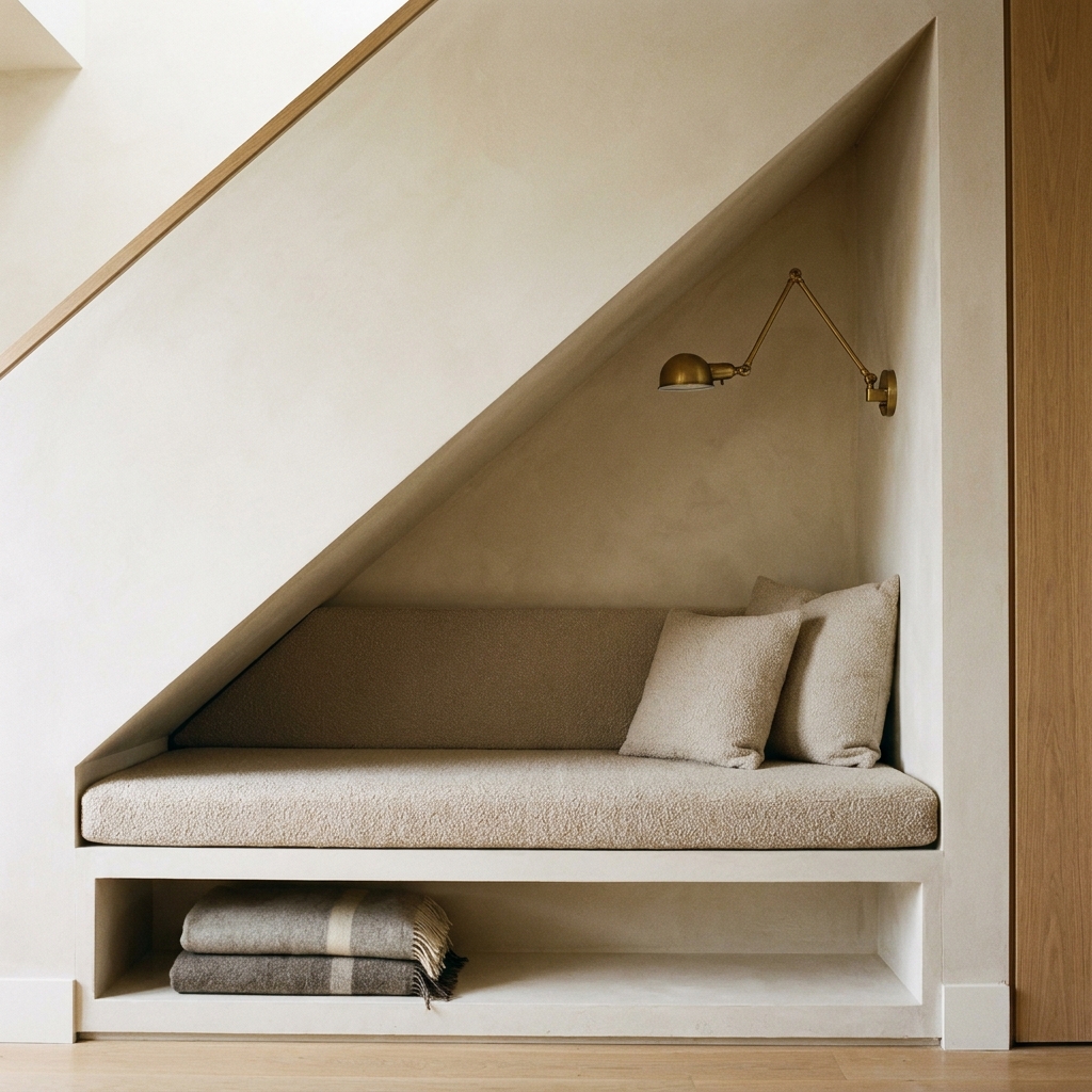 A cushioned bench seat built into the space beneath a staircase, with a wall-mounted lamp and built-in storage below.