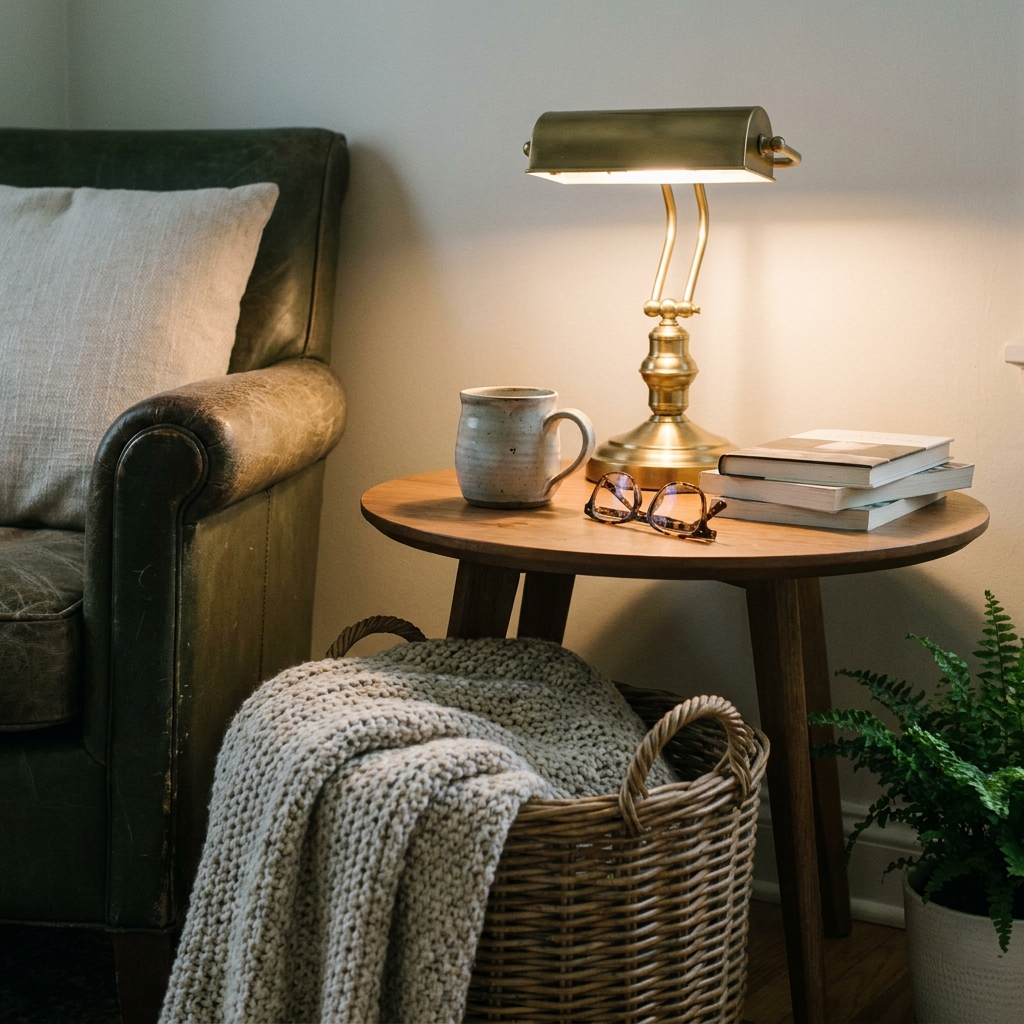  A styled side table beside a reading chair with a warm mug, folded reading glasses, a lit brass lamp, and a small potted plant.