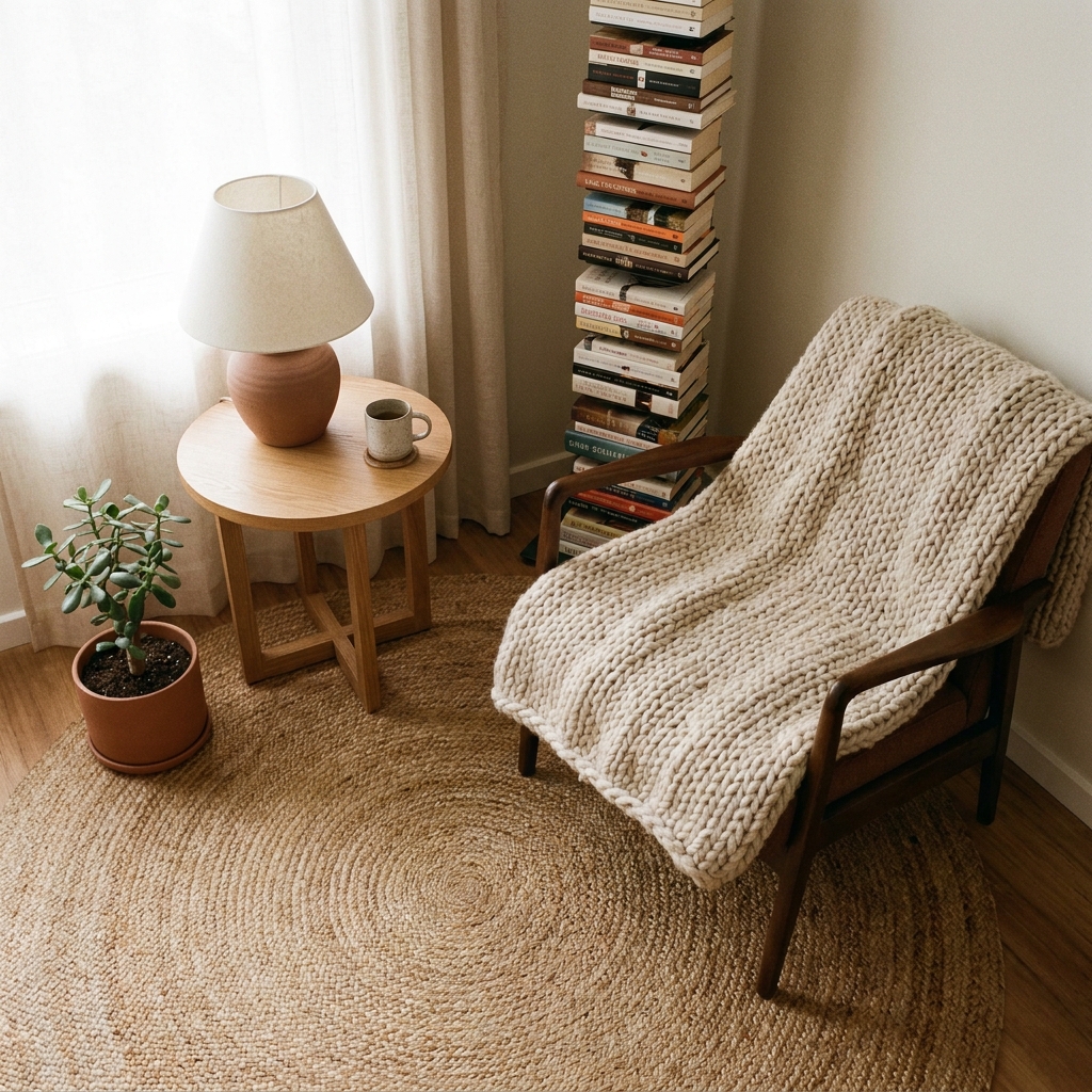  A complete reading nook corner showing the chair, side table, lamp, bookshelf, and plant together.