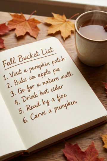 A fall bucket list journal page next to a mug of cider and scattered autumn leaves.