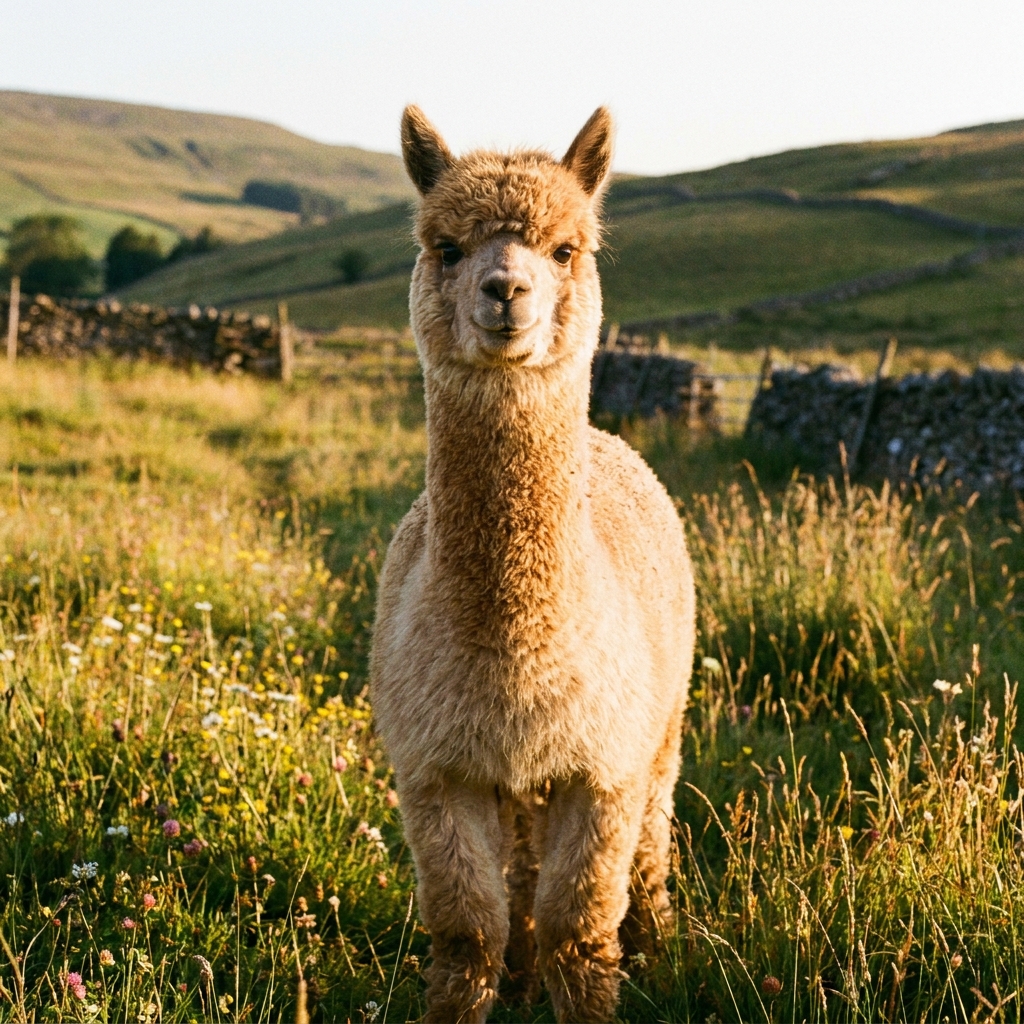 A calm alpaca standing in a sunny pasture, looking toward the camera.