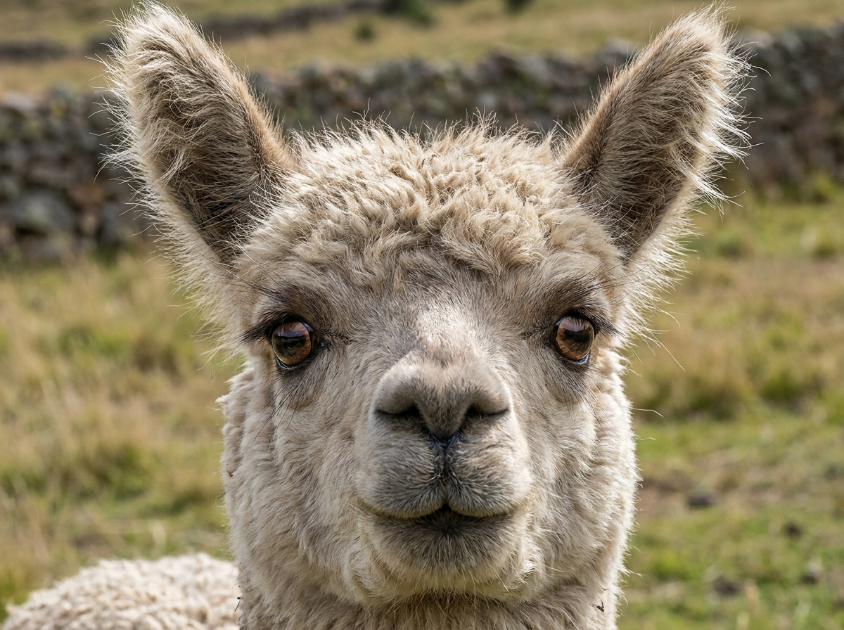 Close-up portrait of an alpaca's face with large dark eyes and long lashes.