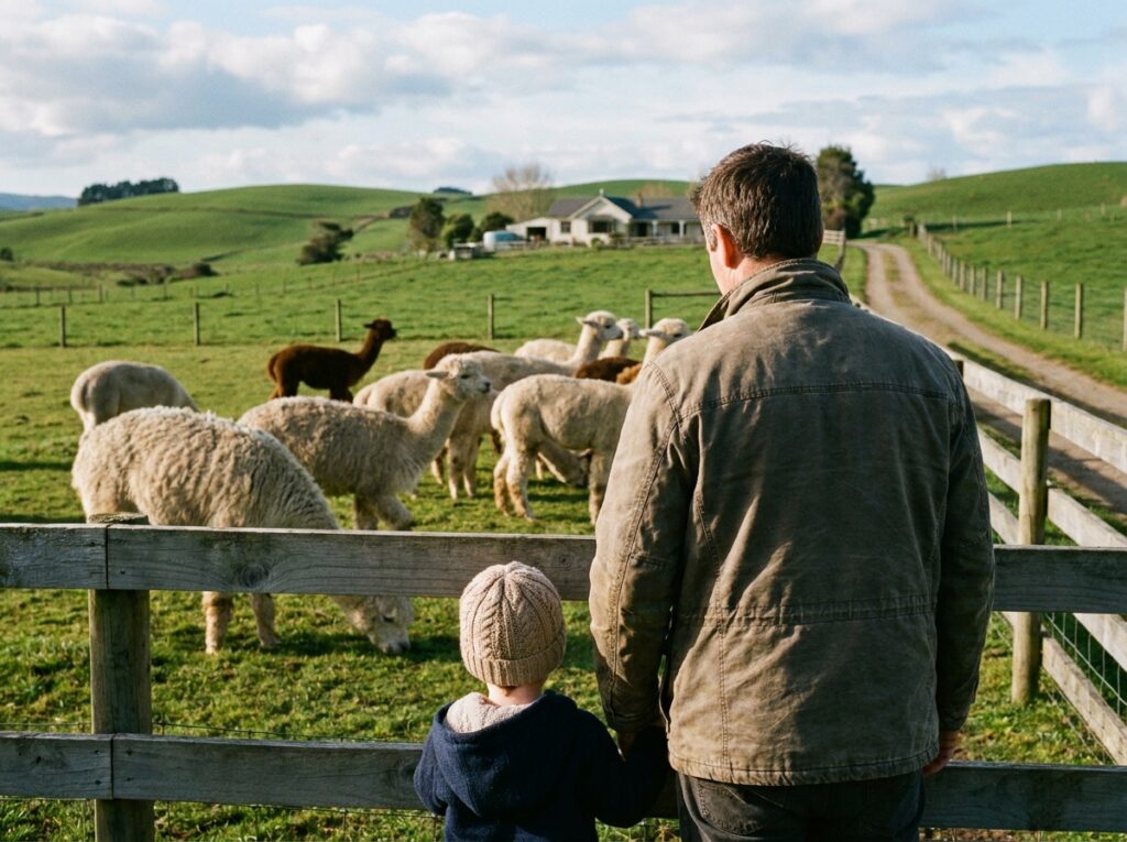 A parent and child watching alpacas graze calmly from just outside the paddock fence.