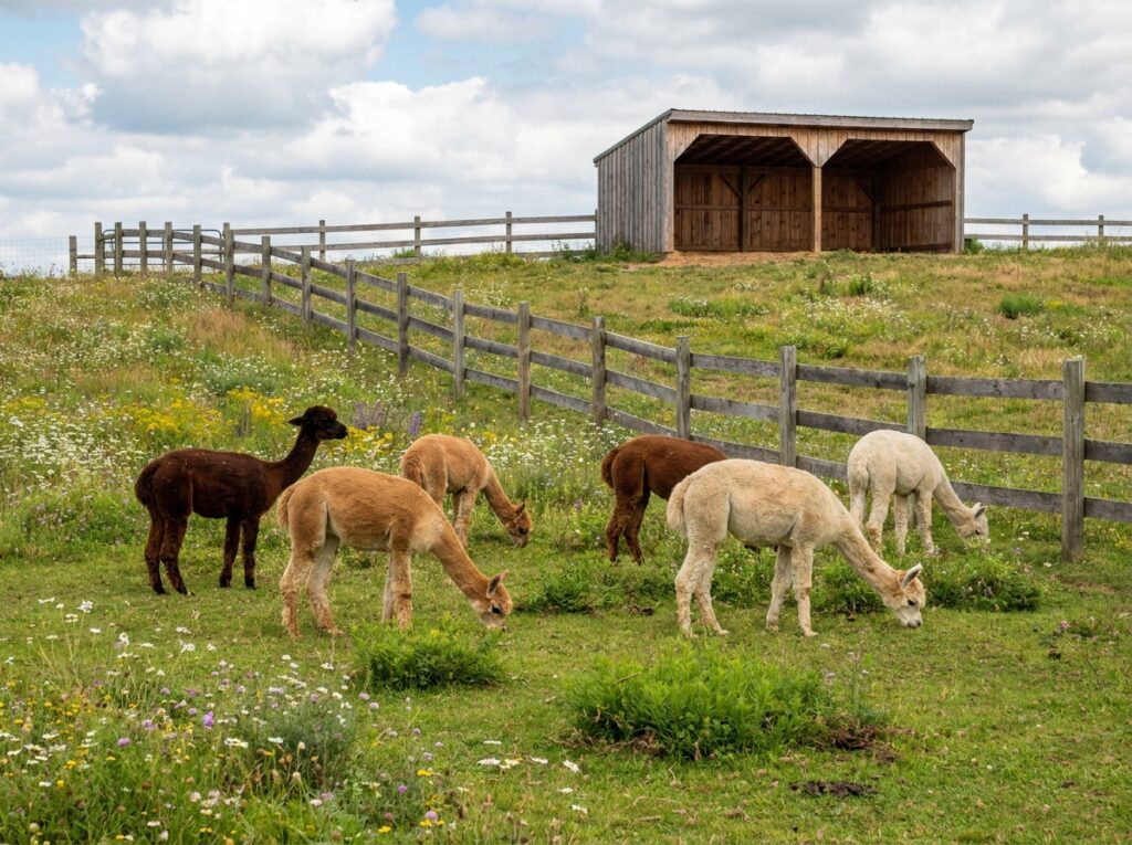 A small group of alpacas grazing in a pasture with a wooden shelter in the background.
