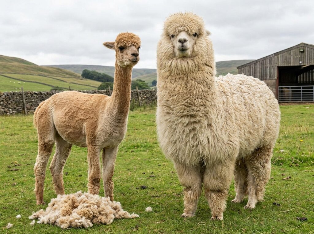 Two alpacas side by side, one recently sheared and one with a full fleece coat.