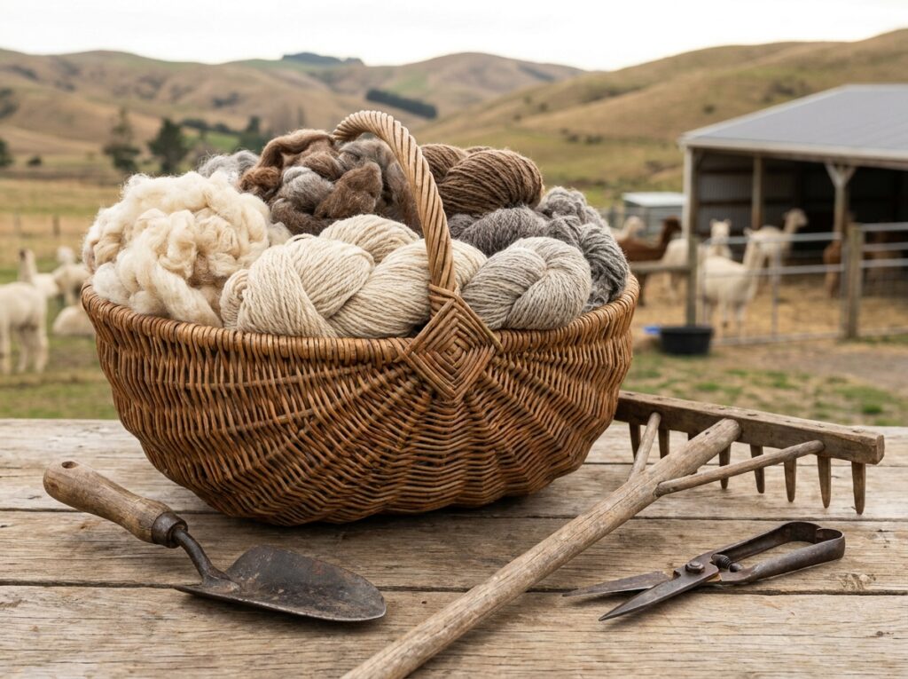 A basket of natural cream and brown alpaca fiber resting on a wooden table.