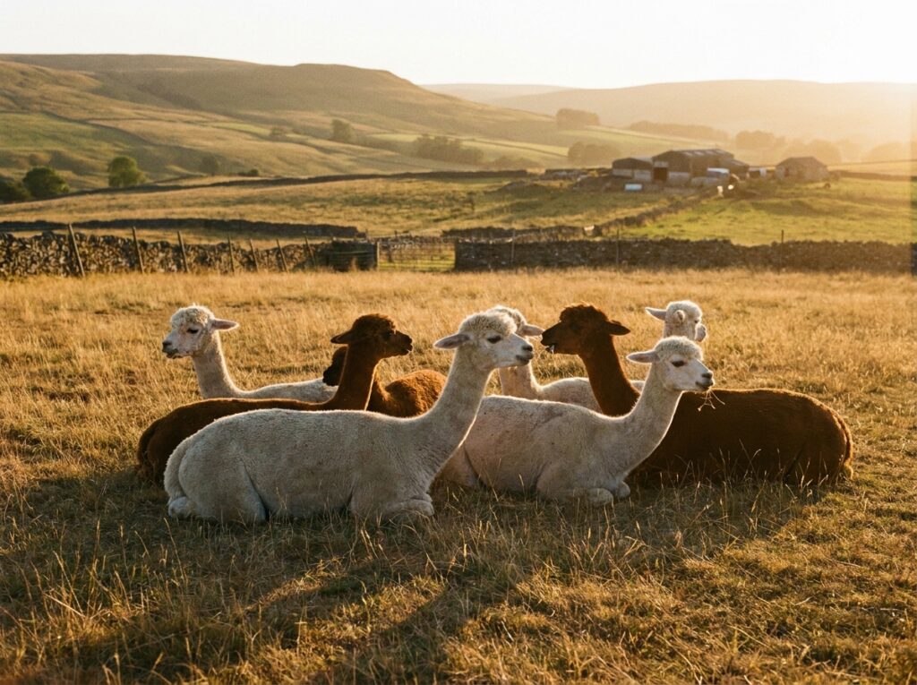 Alpacas resting together in a pasture at golden hour.