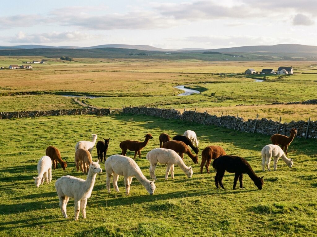 A peaceful pasture scene with alpacas grazing under soft afternoon light.