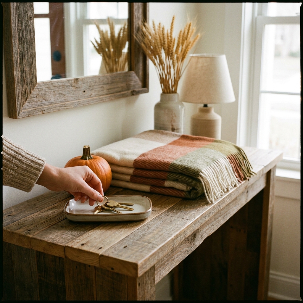 A tidy fall entryway table with a small pumpkin and a set of keys in a tray.
