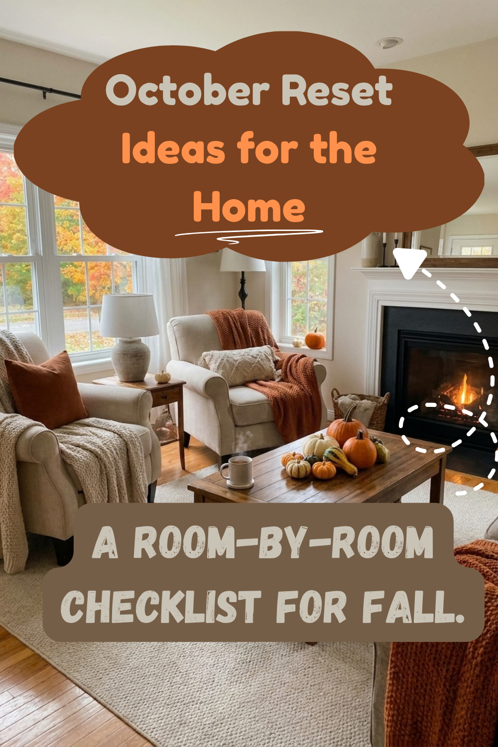Pinterest graphic for “October Reset Ideas for the Home” with a cozy fall interior photo and overlaid title text.