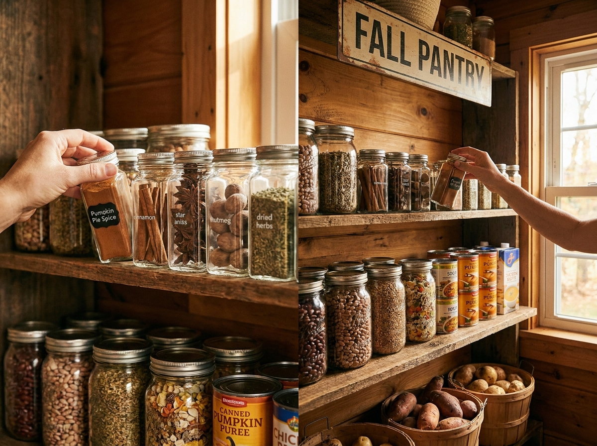 A pantry shelf stocked with fall spices and soup ingredients.