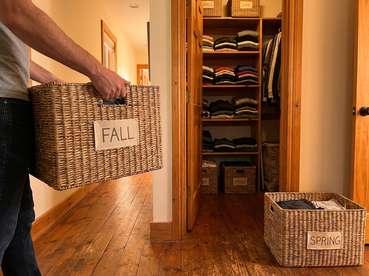 A labeled fall storage bin being carried near an open closet.