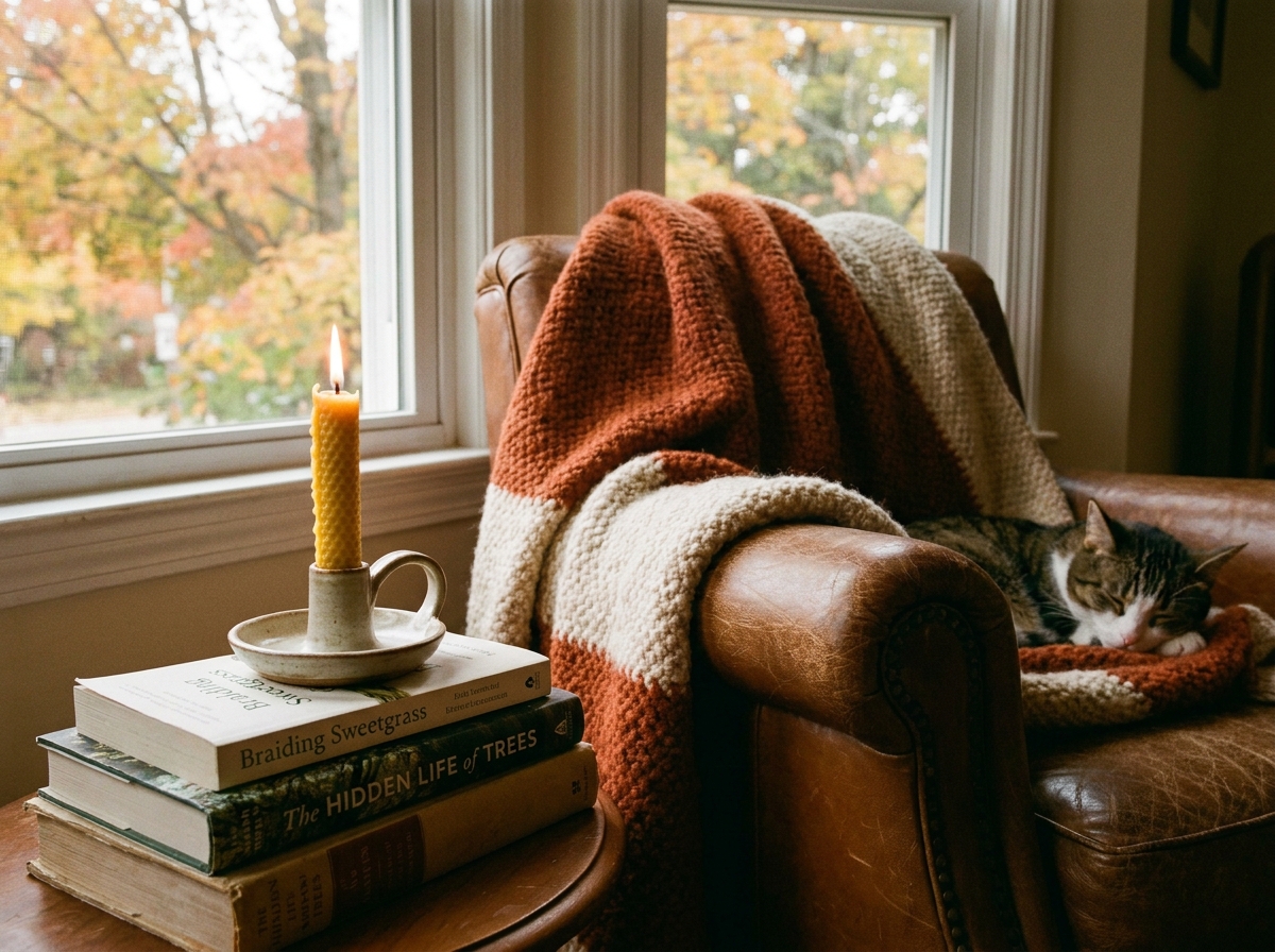 A cozy living room corner styled for fall with a candle and a throw blanket.