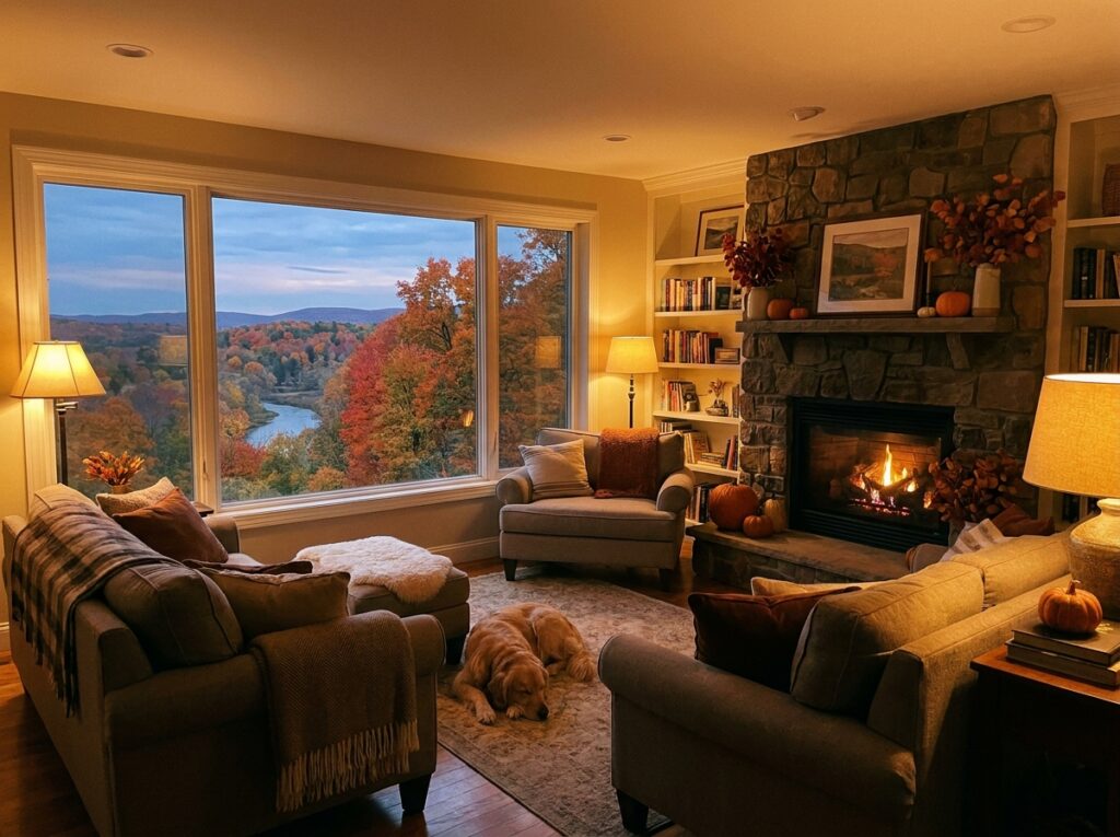 A tidy, warmly lit living room in the evening with autumn trees visible through the window.