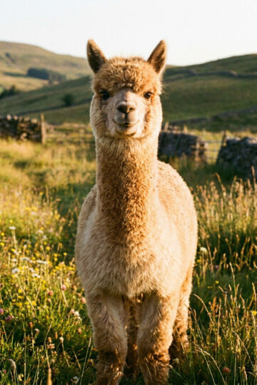 A calm alpaca standing in a sunny pasture, looking toward the camera.