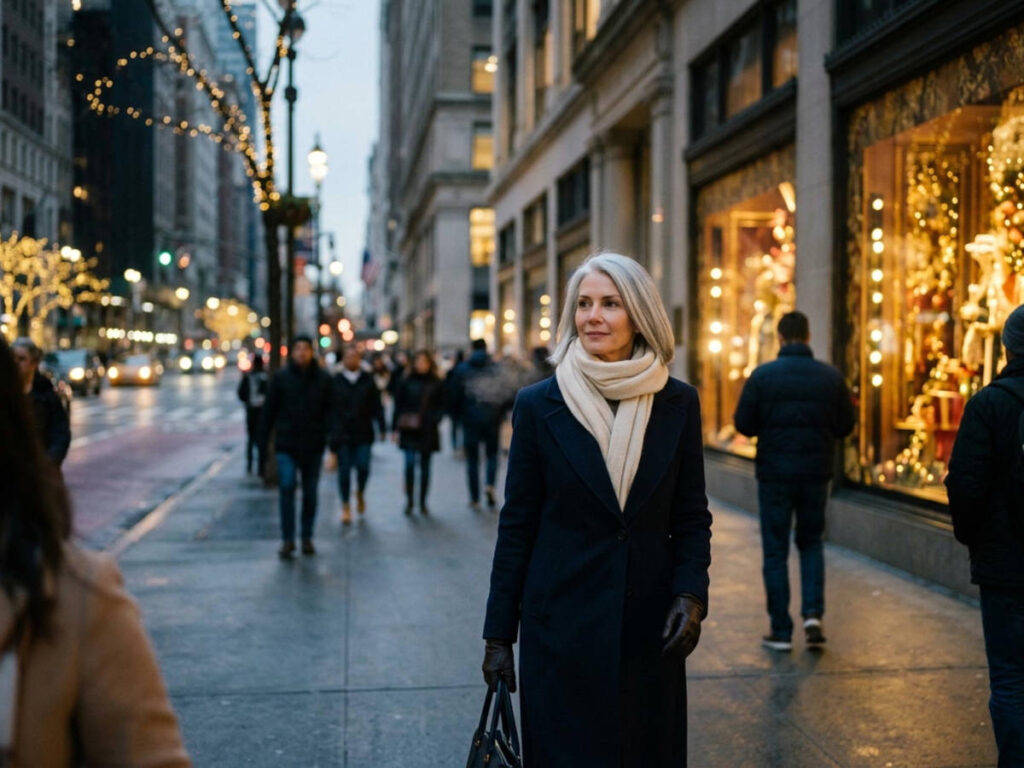 Woman in a navy wool coat and cream scarf walking past glowing holiday window displays on a New York avenue at dusk.