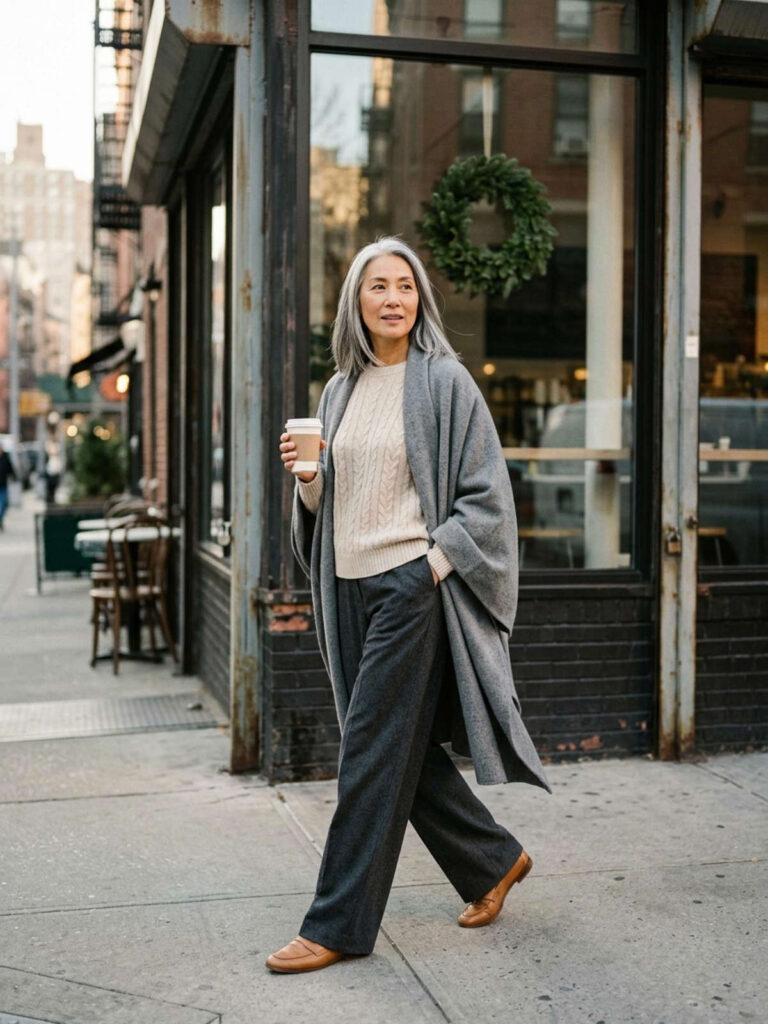 Woman in an oatmeal cable-knit sweater, charcoal trousers, and a gray wrap holding a coffee beside a café window with a wreath.