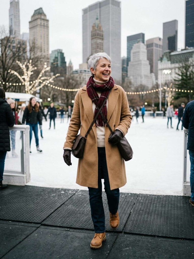 Woman in a camel wool coat, cream turtleneck, dark jeans, and red plaid scarf laughing beside an outdoor ice rink in a New York park.