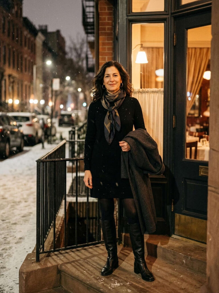 Woman in a black sweater dress, tights, and knee-high boots holding a charcoal coat outside a warmly lit restaurant on a snowy New York street.