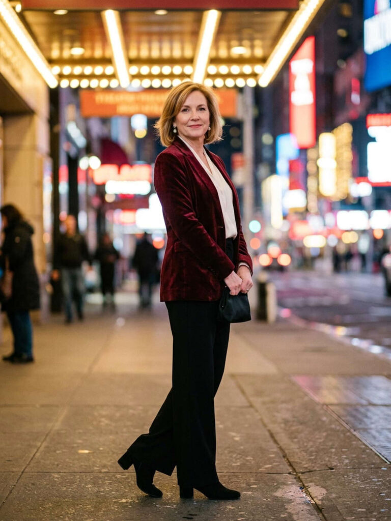 Woman in a burgundy velvet blazer, ivory blouse, and black wide-leg trousers standing under glowing theater lights in the evening.