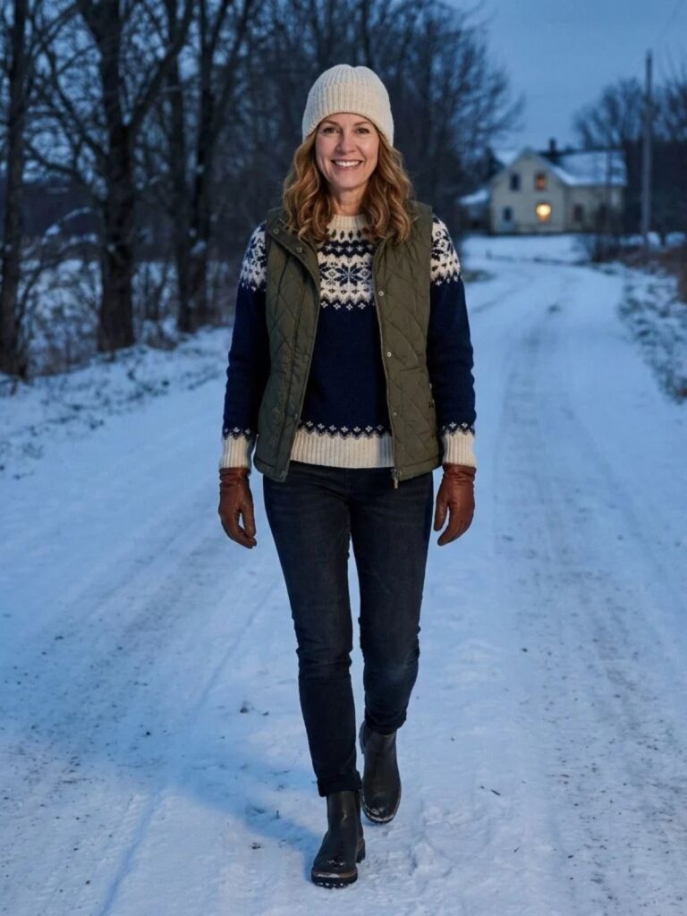 Woman in a navy Fair Isle sweater, olive quilted vest, dark jeans and lug-sole boots walking a snowy country lane at dusk with a knit beanie.
#
