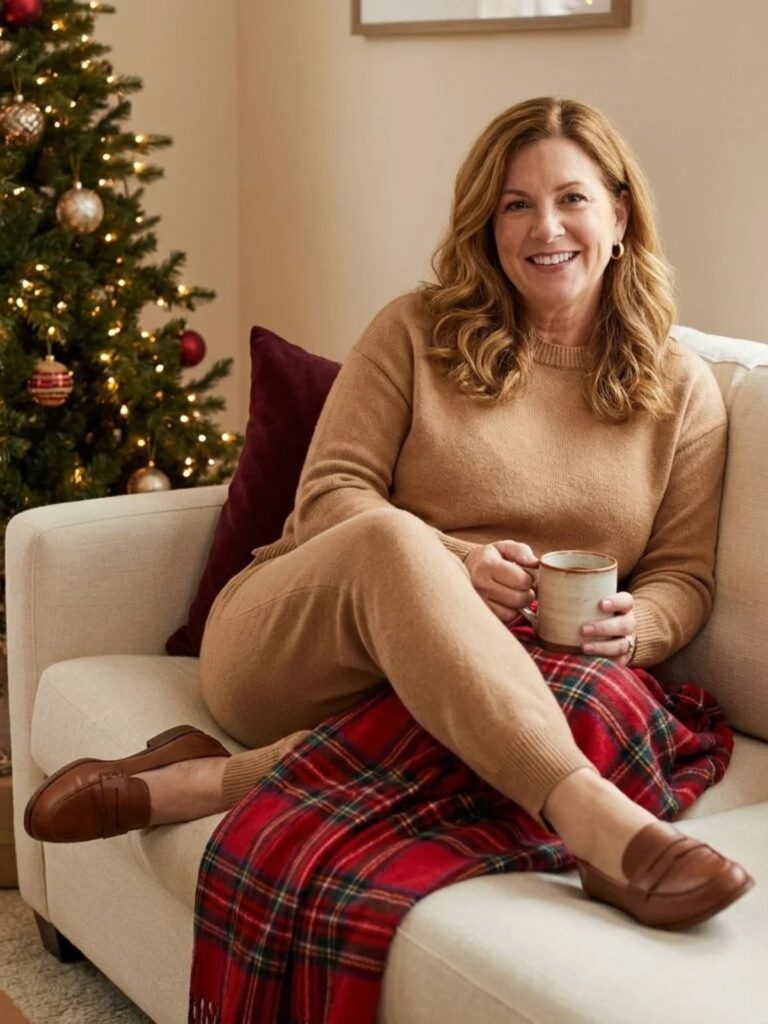 Woman in a matching camel knit sweater and pull-on knit pants with brown loafers, relaxing on a sofa with a mug and a plaid throw near a Christmas tree.
