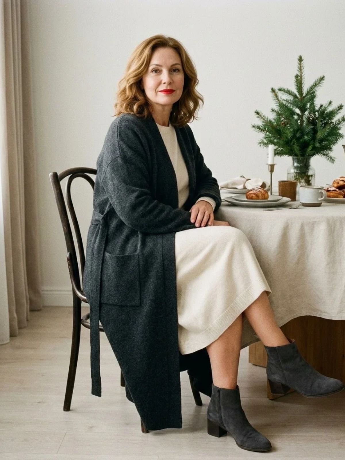 Woman in a long charcoal cardigan over a cream knit top and cream knit midi skirt with suede ankle boots at a brunch table set with a small evergreen centerpiece.