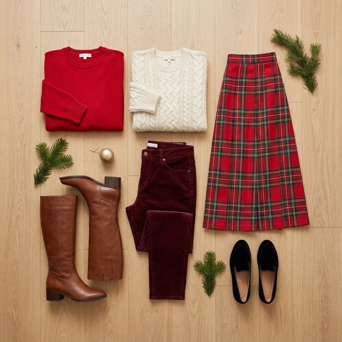 Woman in a cream cable-knit sweater and burgundy velvet pants sitting on a living room rug, opening a wrapped gift beside a Christmas tree.