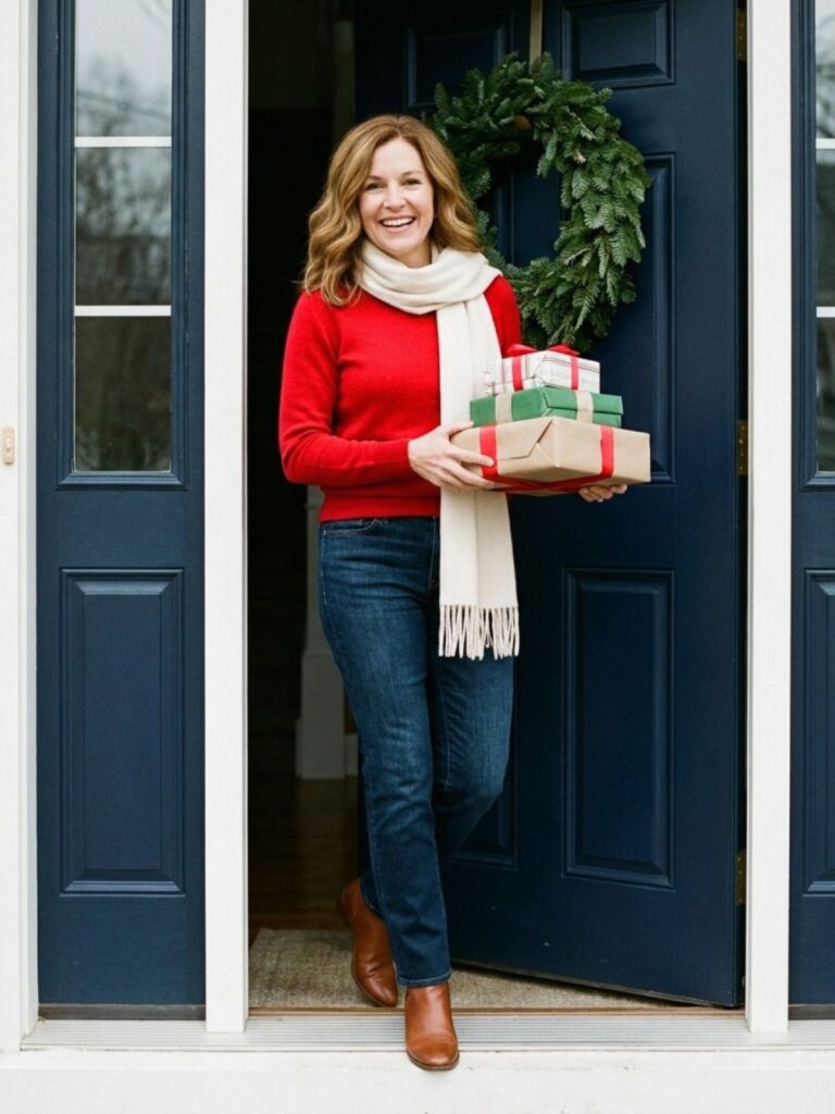 Woman in a red cashmere crewneck and dark straight-leg jeans with cognac ankle boots carrying a stack of wrapped gifts out a front door with a wreath