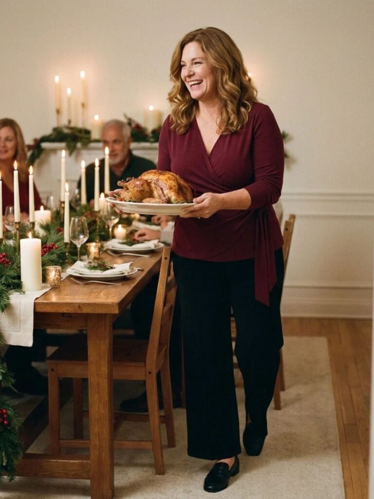 Woman in a burgundy jersey wrap top and black wide-leg pants carrying a platter to a holiday table in a warm, candlelit dining room.