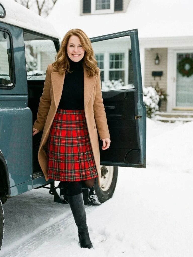 Woman in a red and green tartan midi skirt, fitted black turtleneck, black tights and knee-high boots stepping out of a car in front of a snowy house.