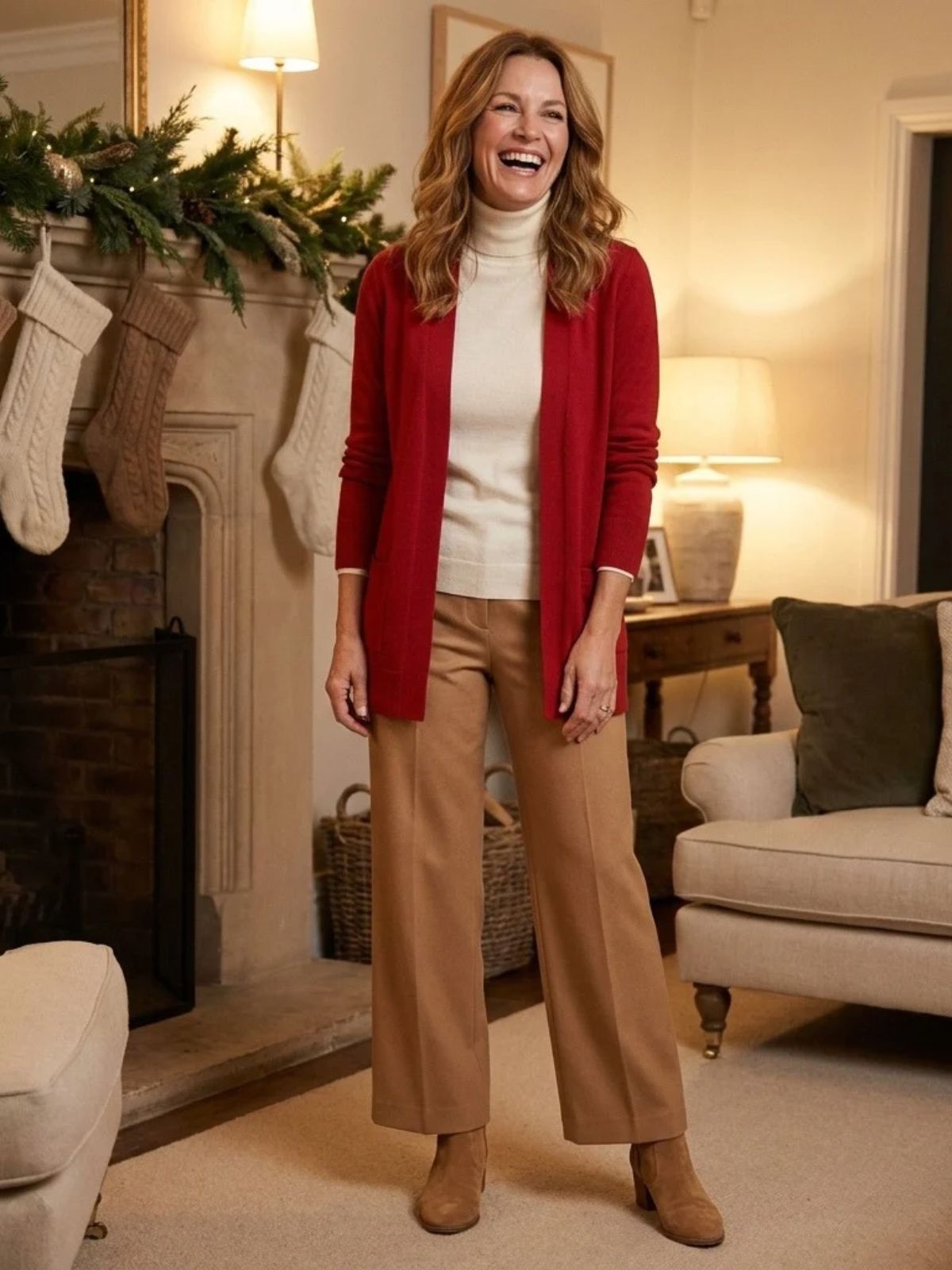 Woman in an ivory turtleneck, open red cardigan and camel wide-leg trousers laughing in a living room with garland on the mantel.
